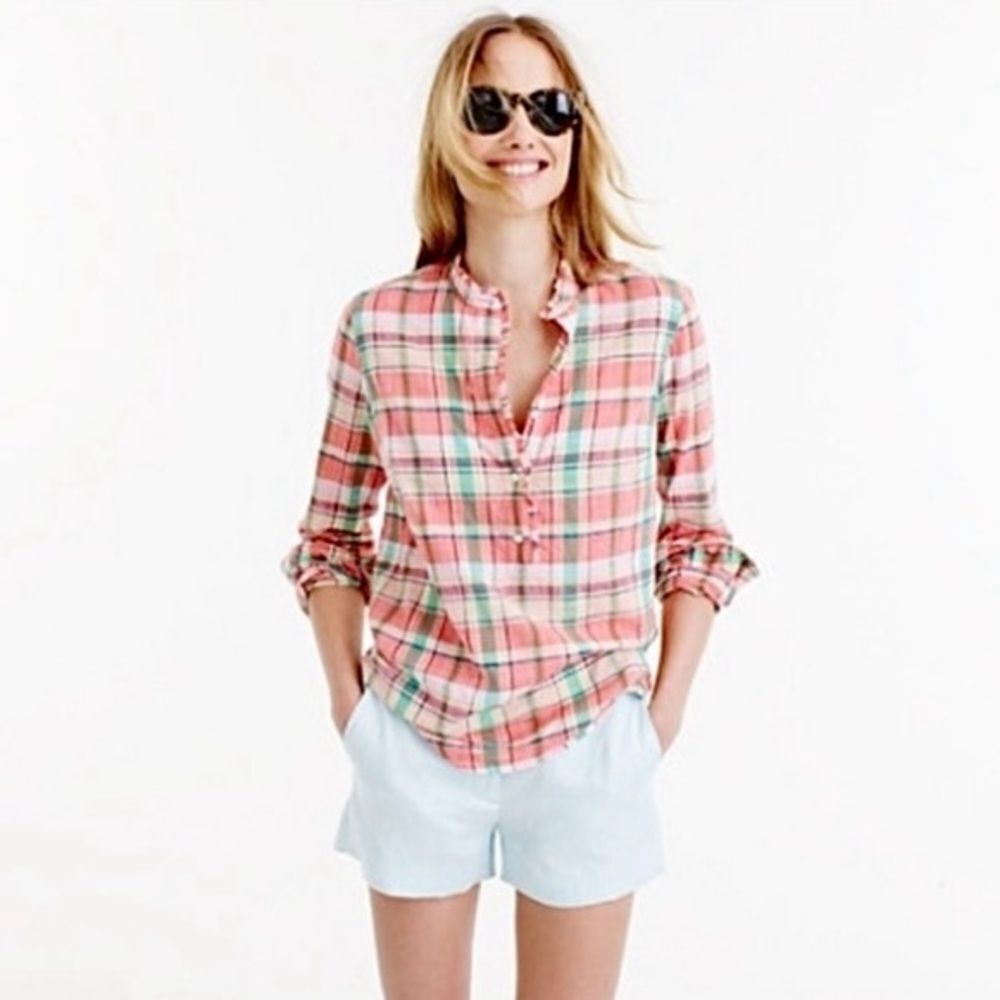 J.Crew Plaid Ruffle Half Button Down Popover Top 2